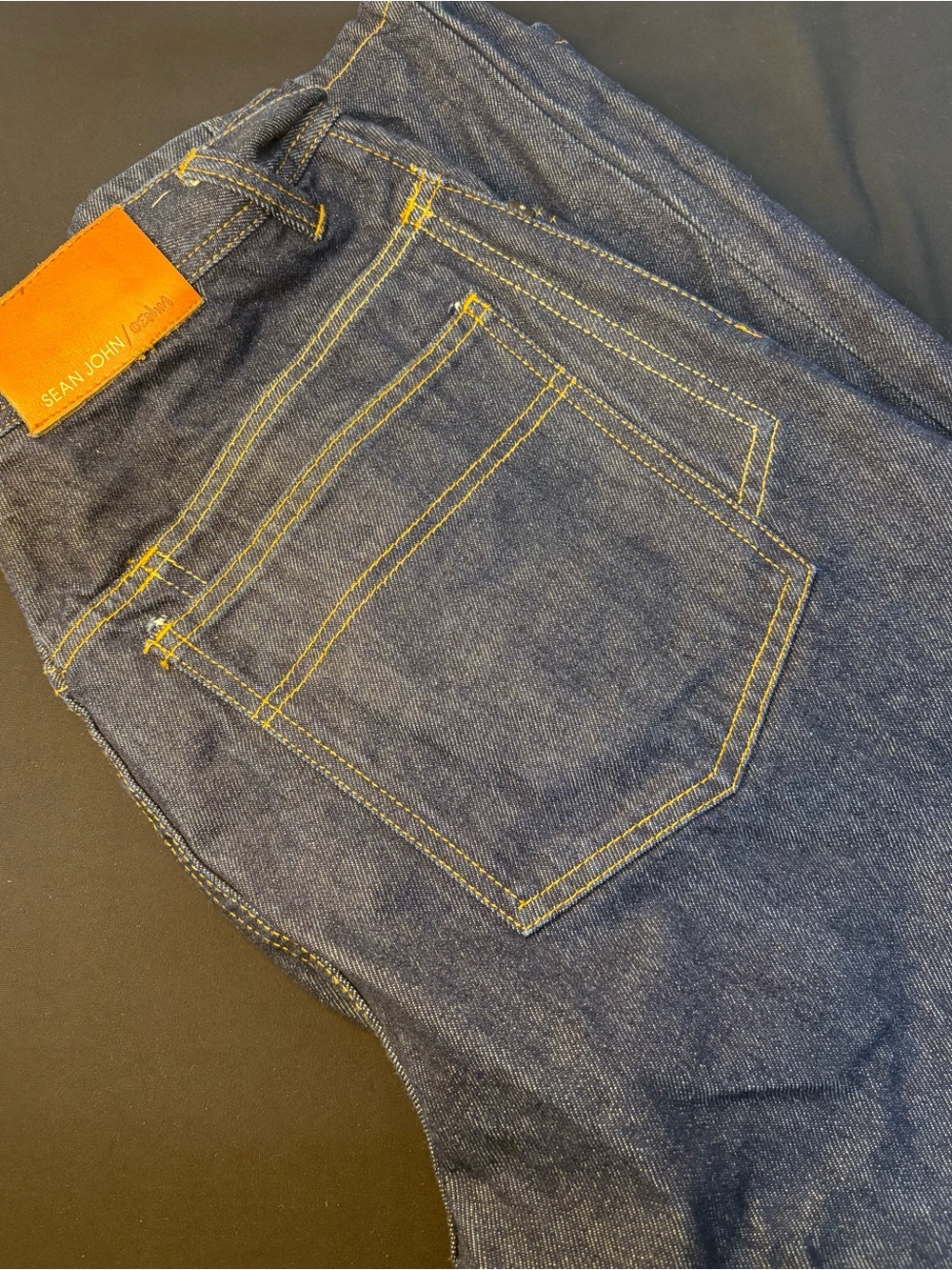 Sean John Slim Straight Dark Blue Jeans with Yellow Stitching